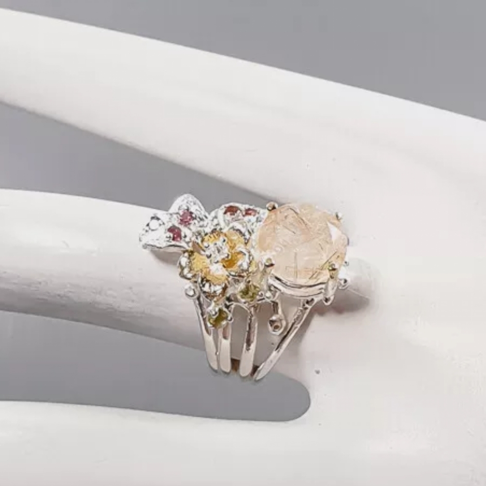 Gold rutilated quartz Peridot& Rhodolite  Sterling ring sz8.5